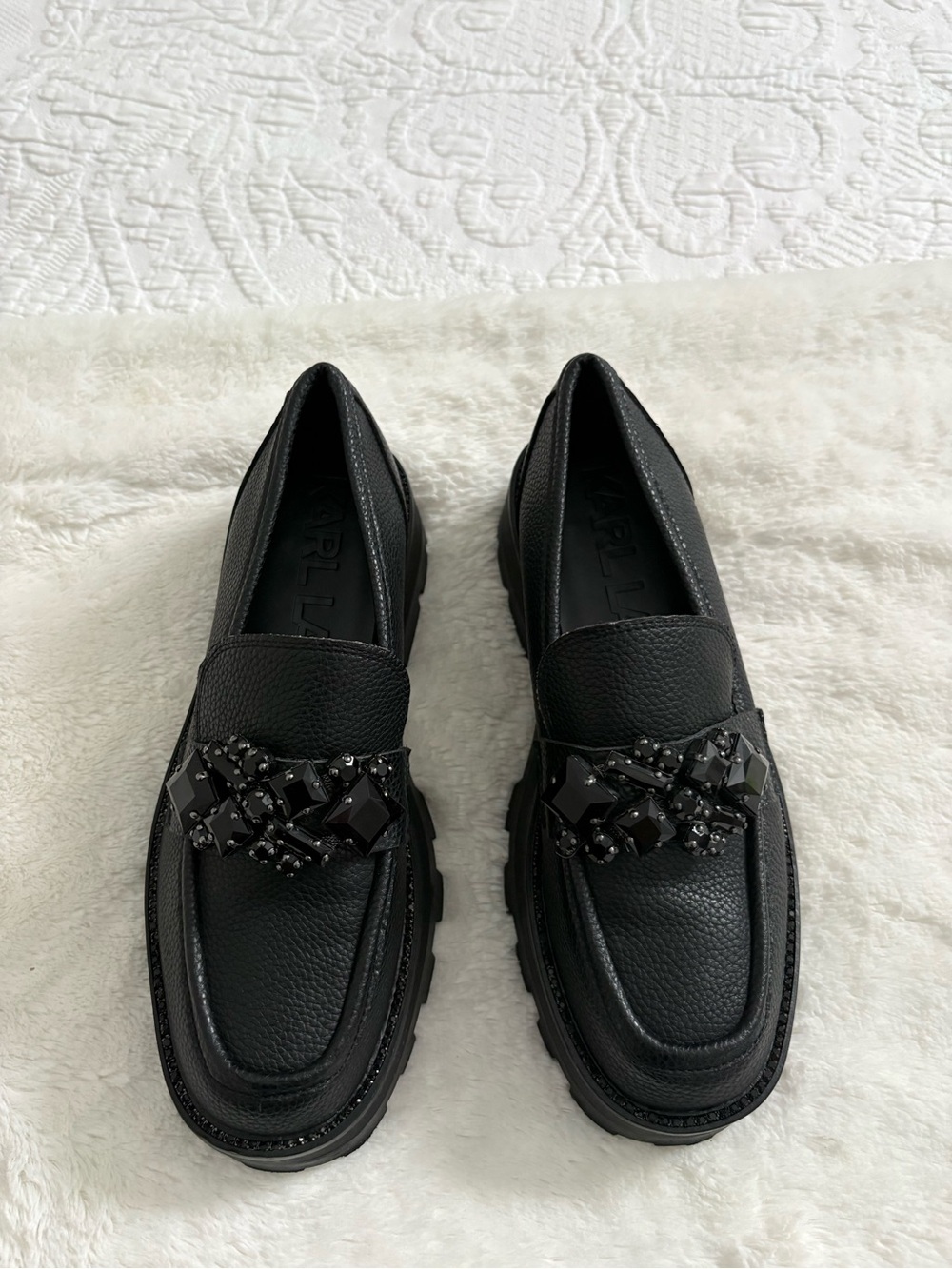 Karl Lagerfeld Marcia lug loafers black leather jeweled size 8